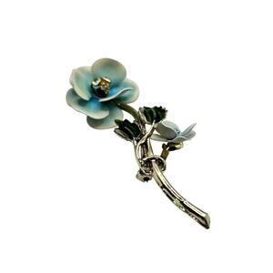 Brooch Blue Enamel Flower Floral Rhinestone Silver Tone Stem 3" SKU2902